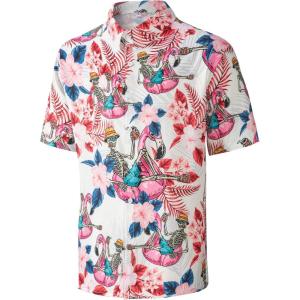imageMens Casual Button Down Shirts Regular Fit Short Sleeve Hawaiian Shirt for MenSkeleton Flamingo