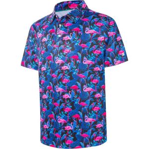 imageMens Golf Shirt Short Sleeve Dry Fit Print Moisture Wicking Performance Patterns Collared Polo ShirtBlue Leaf Flamingo