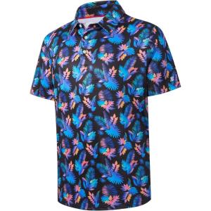 imageMens Golf Shirt Short Sleeve Dry Fit Print Moisture Wicking Performance Patterns Collared Polo ShirtBlue Purple Leaves