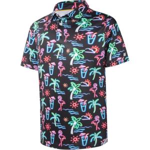 imageMens Golf Shirt Short Sleeve Dry Fit Print Moisture Wicking Performance Patterns Collared Polo ShirtNeon Flamingo