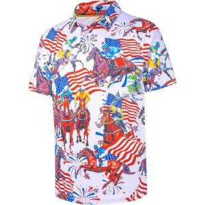 imageMens Golf Shirt Short Sleeve Dry Fit Print Moisture Wicking Performance Patterns Collared Polo ShirtPink Flag Horse