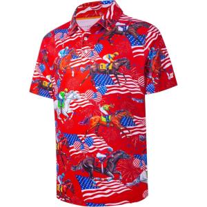 imageMens Golf Shirt Short Sleeve Dry Fit Print Moisture Wicking Performance Patterns Collared Polo ShirtRed Flag Horse