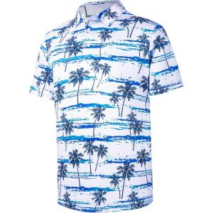 imageMens Golf Shirt Short Sleeve Dry Fit Print Moisture Wicking Performance Patterns Collared Polo ShirtWhite Palm