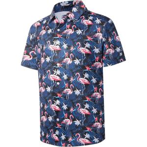 imageMens Hawaiian Shirts Regular Fit Short Sleeve Casual Button Down Summer Tropical Beach ShirtsFlamingo Leaves