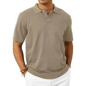 imageMens Knit Polo Shirts Casual Short Sleeve Classic Button Polo TShirt Fashion Summer Collared Pullover Golf ShirtKhaki