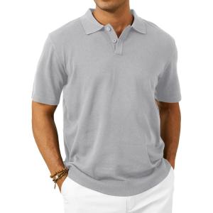 imageMens Knit Polo Shirts Casual Short Sleeve Classic Button Polo TShirt Fashion Summer Collared Pullover Golf ShirtLightgrey