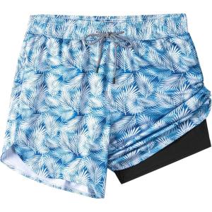 imageMens Swim Trunks with Compression Liner 55quot Board Shorts with Zipper Pockets 2 in 1 Quick Dry Bathing SuitsBlue Leavesc