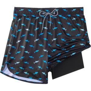 imageMens Swim Trunks with Compression Liner 55quot Board Shorts with Zipper Pockets 2 in 1 Quick Dry Bathing SuitsGrey Blue Shark