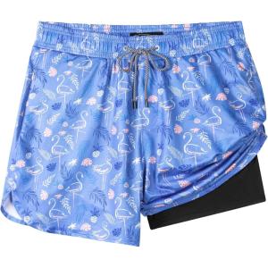 imageMens Swim Trunks with Compression Liner 55quot Board Shorts with Zipper Pockets 2 in 1 Quick Dry Bathing SuitsLavender Flamingoc