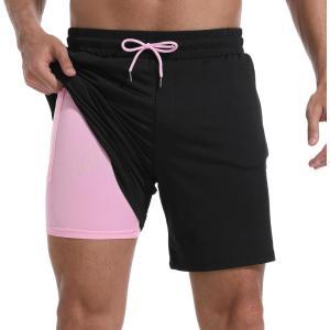 imageMens Swim Trunks with Compression Liner 7quot Board Shorts with Zipper Pockets 2 in 1 Quick Dry Bathing SuitsBlackpink