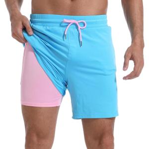 imageMens Swim Trunks with Compression Liner 7quot Board Shorts with Zipper Pockets 2 in 1 Quick Dry Bathing SuitsBright Bluepink