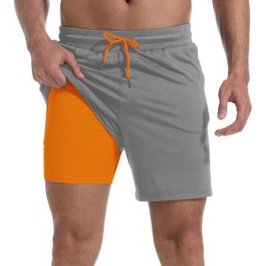 imageMens Swim Trunks with Compression Liner 7quot Board Shorts with Zipper Pockets 2 in 1 Quick Dry Bathing SuitsGrayorange