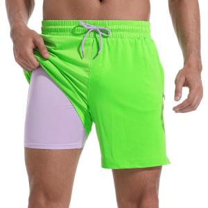 imageMens Swim Trunks with Compression Liner 7quot Board Shorts with Zipper Pockets 2 in 1 Quick Dry Bathing SuitsGreenlavender