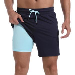 imageMens Swim Trunks with Compression Liner 7quot Board Shorts with Zipper Pockets 2 in 1 Quick Dry Bathing SuitsNavylake Blue
