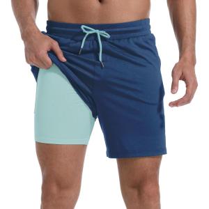 imageMens Swim Trunks with Compression Liner 7quot Board Shorts with Zipper Pockets 2 in 1 Quick Dry Bathing SuitsNavyminty Green