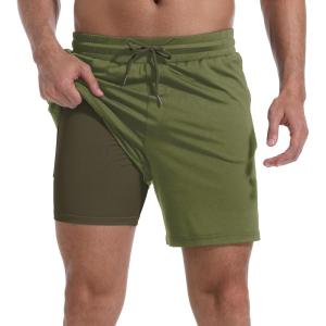 imageMens Swim Trunks with Compression Liner 7quot Board Shorts with Zipper Pockets 2 in 1 Quick Dry Bathing SuitsOlive Greencoffee Brown
