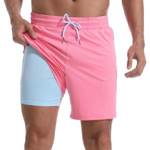 imageMens Swim Trunks with Compression Liner 7quot Board Shorts with Zipper Pockets 2 in 1 Quick Dry Bathing SuitsPinkpeacock Blue