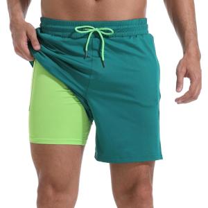 imageMens Swim Trunks with Compression Liner 7quot Board Shorts with Zipper Pockets 2 in 1 Quick Dry Bathing SuitsTurquoisegreen