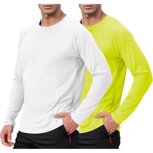 imageMens UPF 50 Long Sleeve Shirts 2 Pack Long Sleeve UV Sun Protection Rash Guard Athletic Fishing Running Swimming TeesB1 White  Safety Yellow