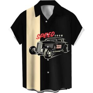 imageMens Vintage Bowling Shirts 1950s Casual Short Sleeve Button Up Contrast Shirt Summer Color Block Cuban Shirts333 Car