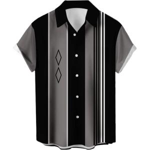 imageMens Vintage Bowling Shirts 1950s Casual Short Sleeve Button Up Contrast Shirt Summer Color Block Cuban ShirtsBlack Grey Geometric