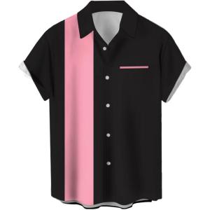 imageMens Vintage Bowling Shirts 1950s Casual Short Sleeve Button Up Contrast Shirt Summer Color Block Cuban ShirtsBlack Pink