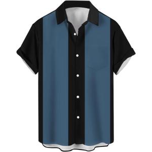 imageMens Vintage Bowling Shirts 1950s Casual Short Sleeve Button Up Contrast Shirt Summer Color Block Cuban ShirtsBlack and Blue