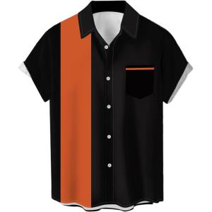 imageMens Vintage Bowling Shirts 1950s Casual Short Sleeve Button Up Contrast Shirt Summer Color Block Cuban ShirtsBlack and Orange