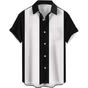 imageMens Vintage Bowling Shirts 1950s Casual Short Sleeve Button Up Contrast Shirt Summer Color Block Cuban ShirtsBlack and White
