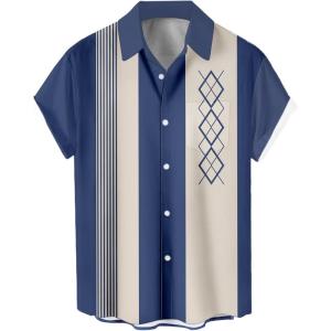imageMens Vintage Bowling Shirts 1950s Casual Short Sleeve Button Up Contrast Shirt Summer Color Block Cuban ShirtsBlue Apricot Geometric