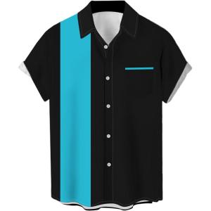 imageMens Vintage Bowling Shirts 1950s Casual Short Sleeve Button Up Contrast Shirt Summer Color Block Cuban ShirtsBlue Atoll and Black