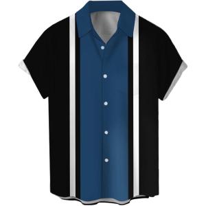 imageMens Vintage Bowling Shirts 1950s Casual Short Sleeve Button Up Contrast Shirt Summer Color Block Cuban ShirtsBlue Black Stripe