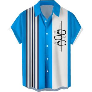 imageMens Vintage Bowling Shirts 1950s Casual Short Sleeve Button Up Contrast Shirt Summer Color Block Cuban ShirtsBlue Square