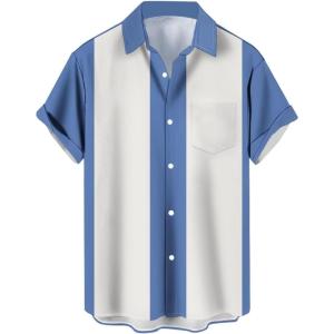 imageMens Vintage Bowling Shirts 1950s Casual Short Sleeve Button Up Contrast Shirt Summer Color Block Cuban ShirtsBlue and White