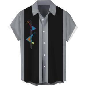 imageMens Vintage Bowling Shirts 1950s Casual Short Sleeve Button Up Contrast Shirt Summer Color Block Cuban ShirtsBoomerang Black