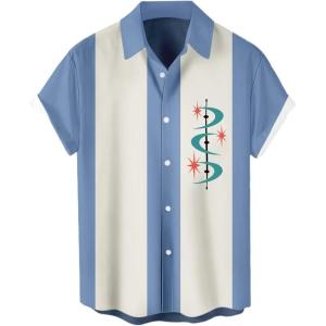 imageMens Vintage Bowling Shirts 1950s Casual Short Sleeve Button Up Contrast Shirt Summer Color Block Cuban ShirtsBoomerang Blue