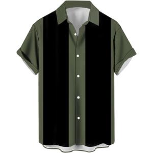 imageMens Vintage Bowling Shirts 1950s Casual Short Sleeve Button Up Contrast Shirt Summer Color Block Cuban ShirtsGreen and Black