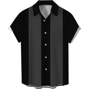 imageMens Vintage Bowling Shirts 1950s Casual Short Sleeve Button Up Contrast Shirt Summer Color Block Cuban ShirtsGrey and Black