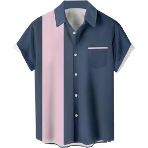 imageMens Vintage Bowling Shirts 1950s Casual Short Sleeve Button Up Contrast Shirt Summer Color Block Cuban ShirtsGrey and Pink