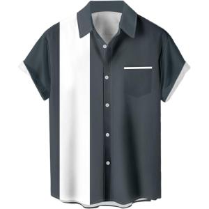 imageMens Vintage Bowling Shirts 1950s Casual Short Sleeve Button Up Contrast Shirt Summer Color Block Cuban ShirtsGrey and White