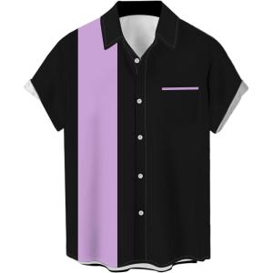 imageMens Vintage Bowling Shirts 1950s Casual Short Sleeve Button Up Contrast Shirt Summer Color Block Cuban ShirtsLavender and Black
