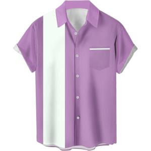 imageMens Vintage Bowling Shirts 1950s Casual Short Sleeve Button Up Contrast Shirt Summer Color Block Cuban ShirtsLavender and White