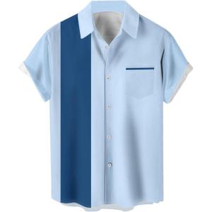 imageMens Vintage Bowling Shirts 1950s Casual Short Sleeve Button Up Contrast Shirt Summer Color Block Cuban ShirtsLight Blue and Blue