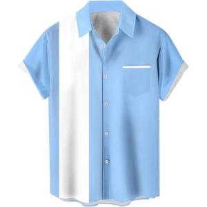 imageMens Vintage Bowling Shirts 1950s Casual Short Sleeve Button Up Contrast Shirt Summer Color Block Cuban ShirtsLight Blue and White