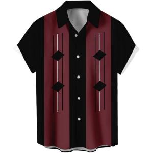 imageMens Vintage Bowling Shirts 1950s Casual Short Sleeve Button Up Contrast Shirt Summer Color Block Cuban ShirtsLine Geometry
