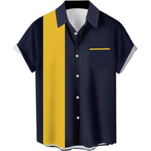 imageMens Vintage Bowling Shirts 1950s Casual Short Sleeve Button Up Contrast Shirt Summer Color Block Cuban ShirtsNavy and Yellow