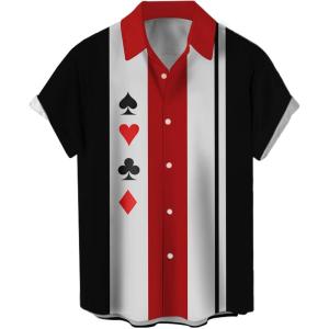 imageMens Vintage Bowling Shirts 1950s Casual Short Sleeve Button Up Contrast Shirt Summer Color Block Cuban ShirtsPoker