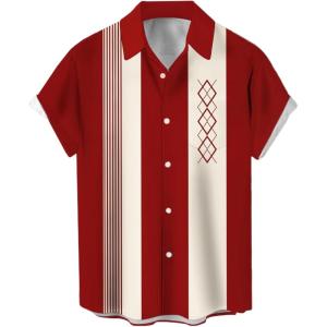 imageMens Vintage Bowling Shirts 1950s Casual Short Sleeve Button Up Contrast Shirt Summer Color Block Cuban ShirtsRed Apricot Geometric