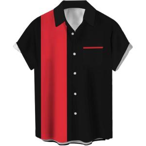 imageMens Vintage Bowling Shirts 1950s Casual Short Sleeve Button Up Contrast Shirt Summer Color Block Cuban ShirtsRed and Black