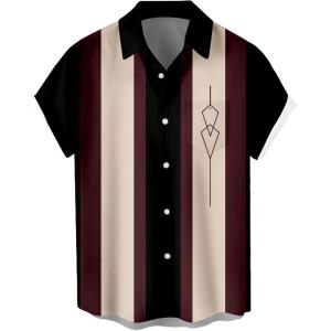 imageMens Vintage Bowling Shirts 1950s Casual Short Sleeve Button Up Contrast Shirt Summer Color Block Cuban ShirtsReddish Brown and Black